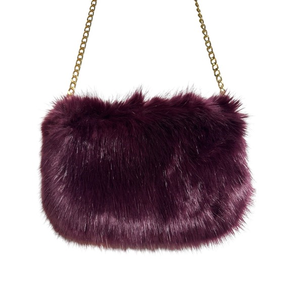 Unbranded Handbags - Charming Charlie Faux Fur Crossbody Bag Plum Burgundy Gold Chain Small Purse